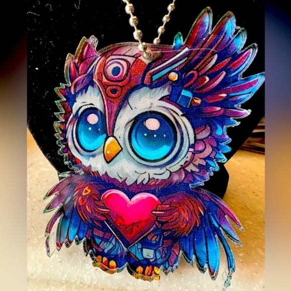Cute Owl Window/Car Hanger, bright color, 3” X 3” with chain “hang length” 8” - Picture 1 of 2